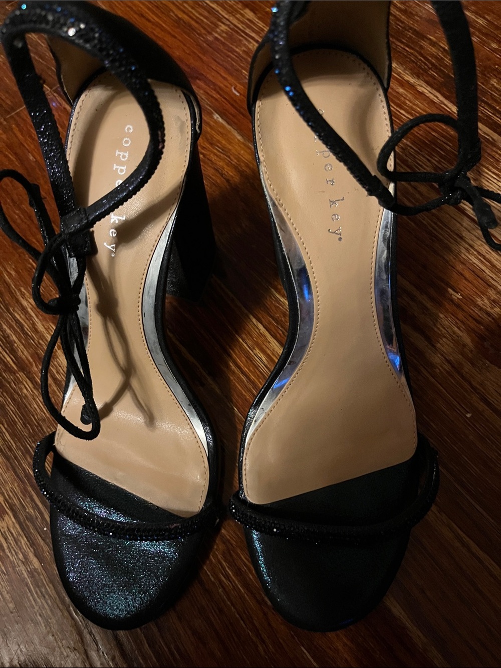 Copper Key Sparkle Black Ankle-Tie Block Heels